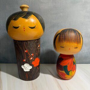 2 Vintage Japanese Kokeshi Dolls, 1 by Kawase, 1 by Okamoto, 1976 READ